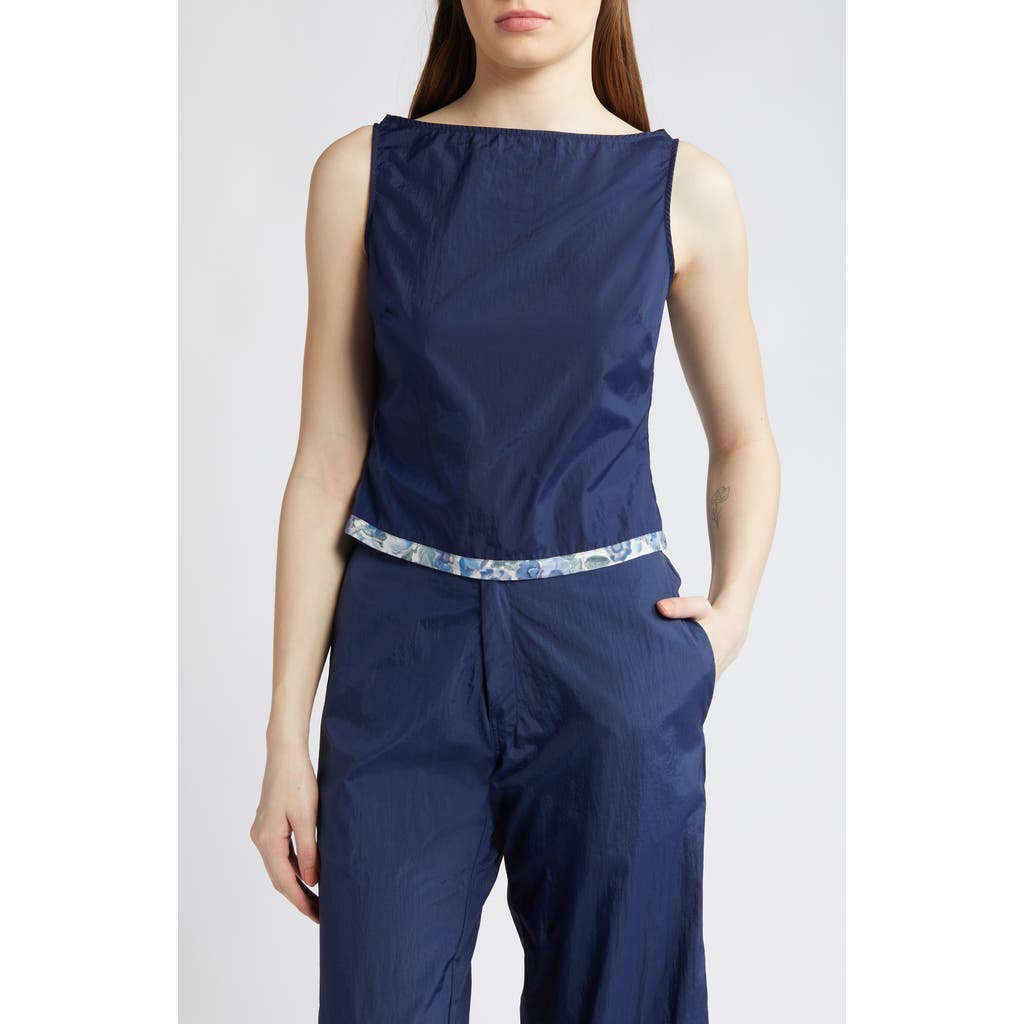 Coming Of Age X Liberty London Heidi Rose Print Trim Nylon Top In Navy/heidi Rose Blue