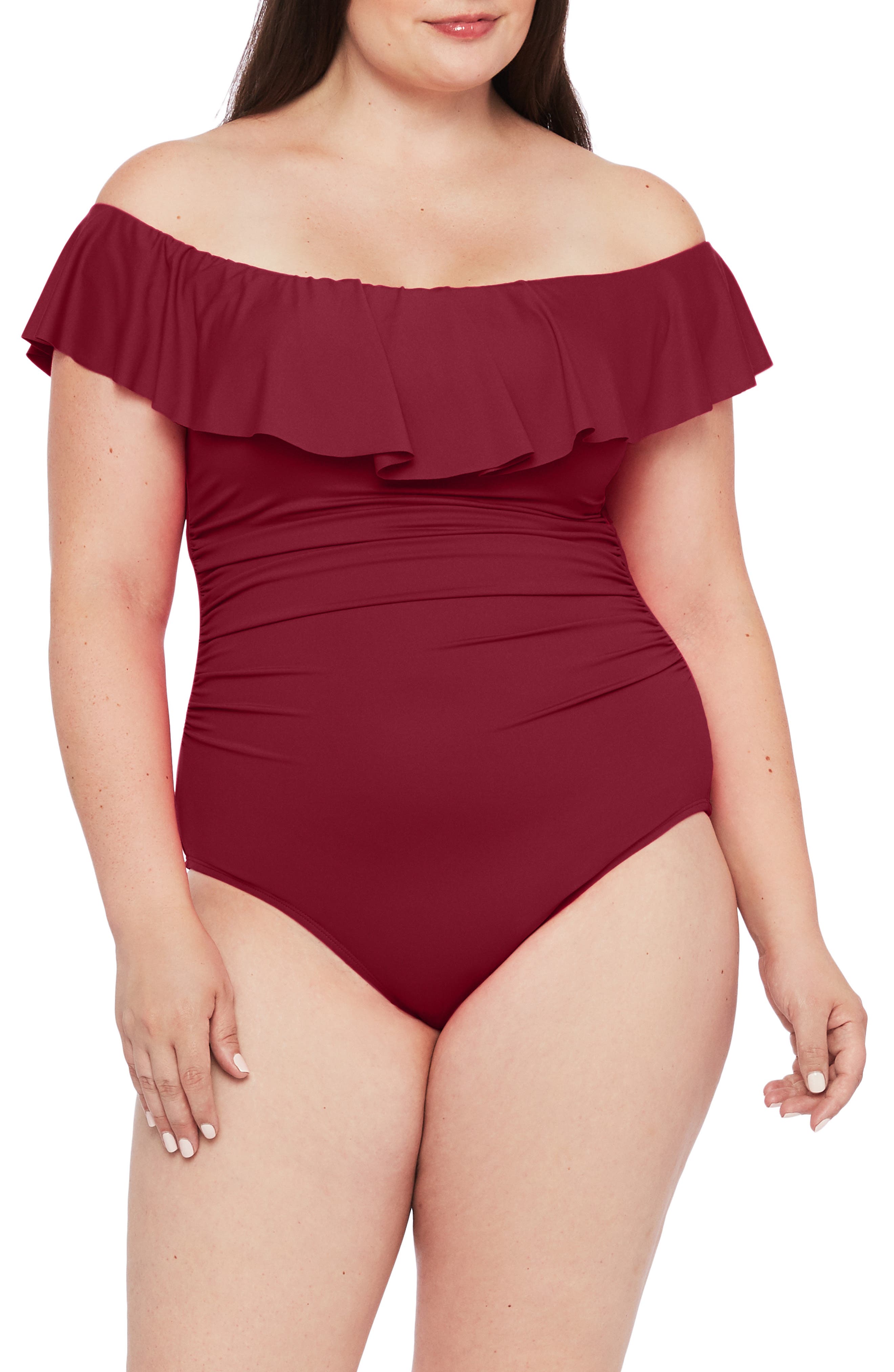 red off the shoulder one piece swimsuit
