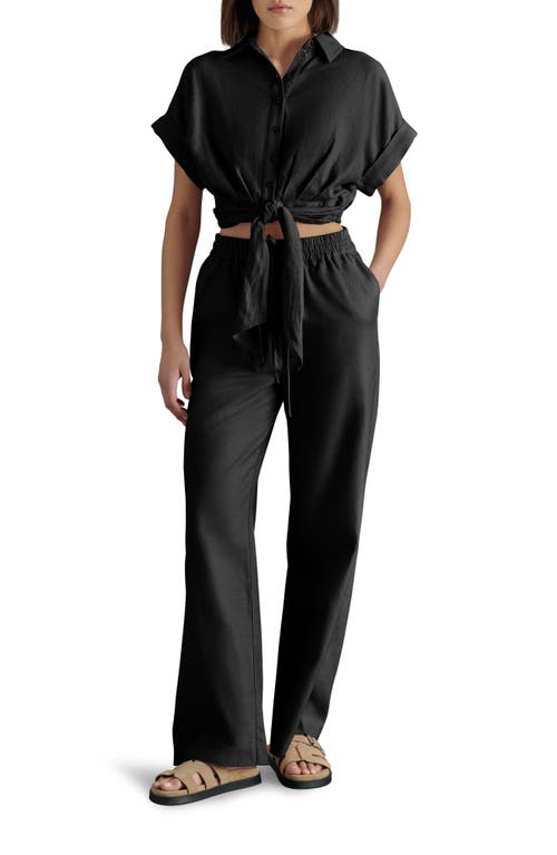 Steve Madden Tori Tie Front Linen Blend Button-up Shirt In Black