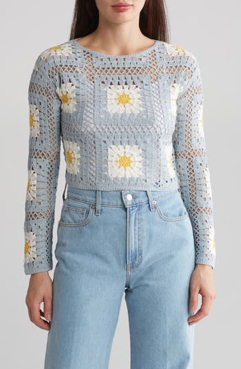 Truth Patchwork Crochet Long Sleeve Pullover In Blue
