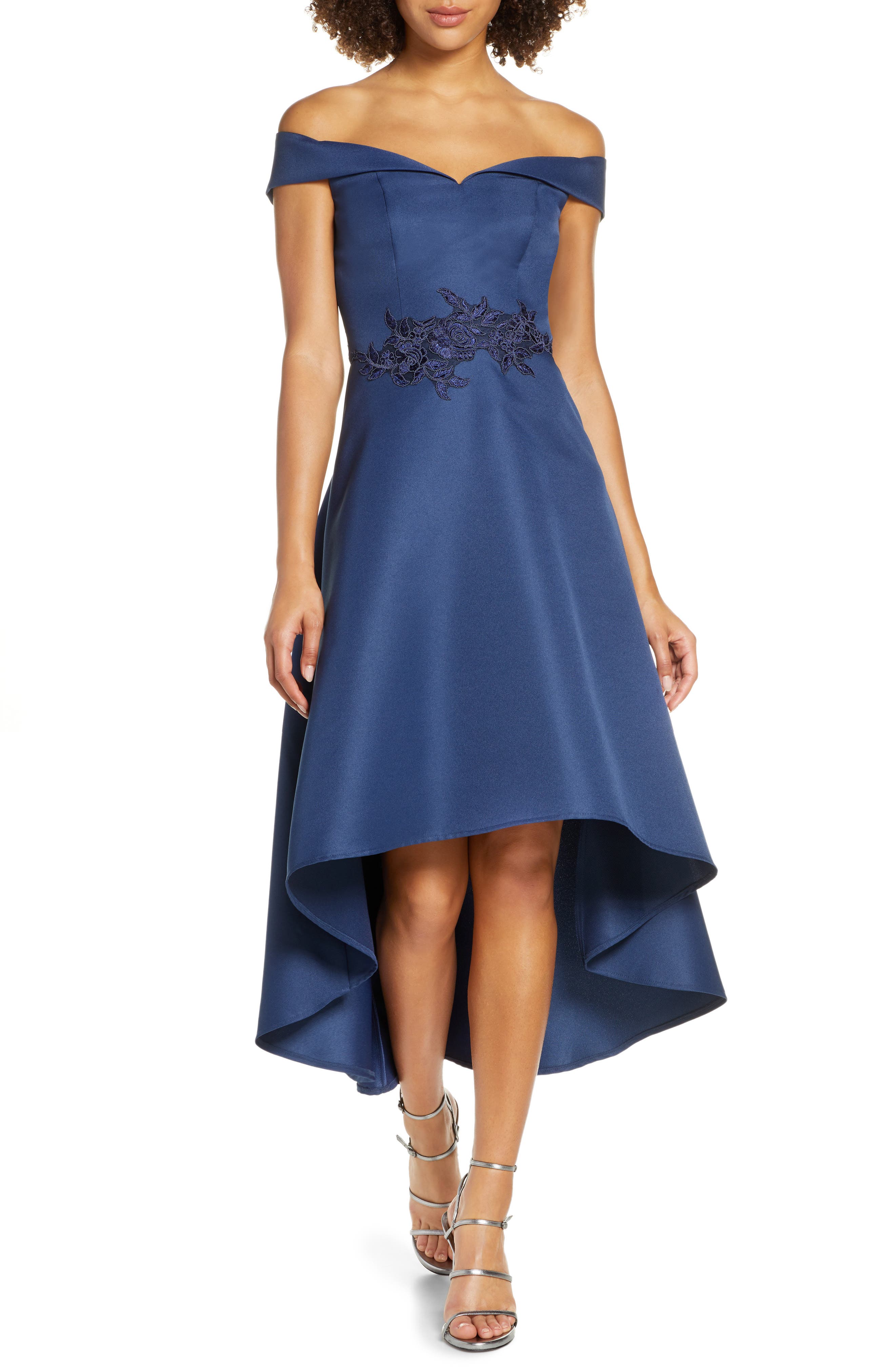 Chi Chi London Amour Off The Shoulder High/low Satin Gown, Blue