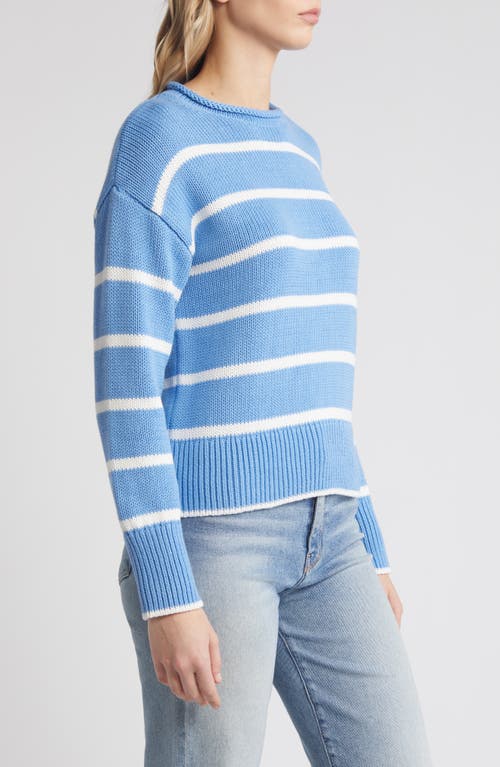 Shop Caslonr Caslon(r) Easy Pima Cotton Roll Neck Sweater In Blue Lake- Ivory Cloud Stripe