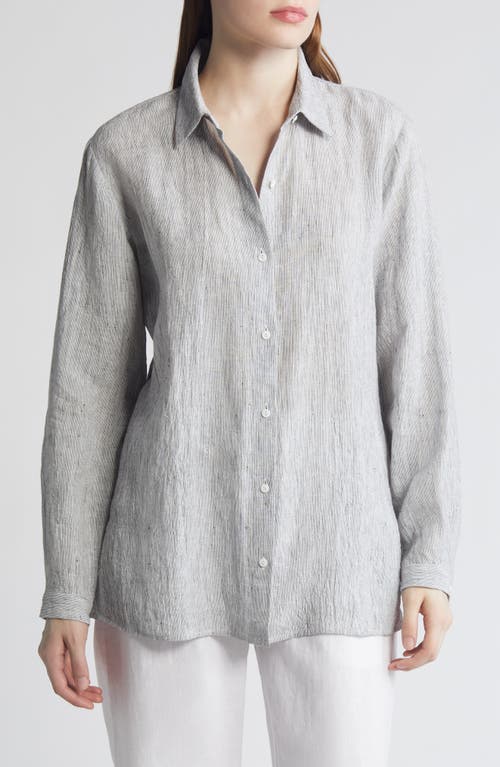 Eileen Fisher Classic Stripe Organic Linen Button-up Shirt In White/black