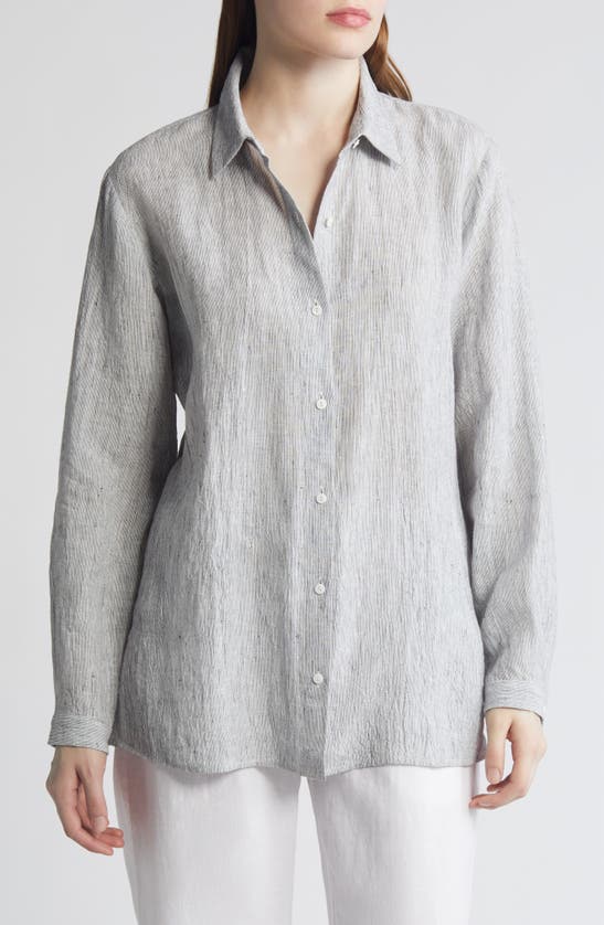 Shop Eileen Fisher Classic Stripe Organic Linen Button-up Shirt In White/ Black