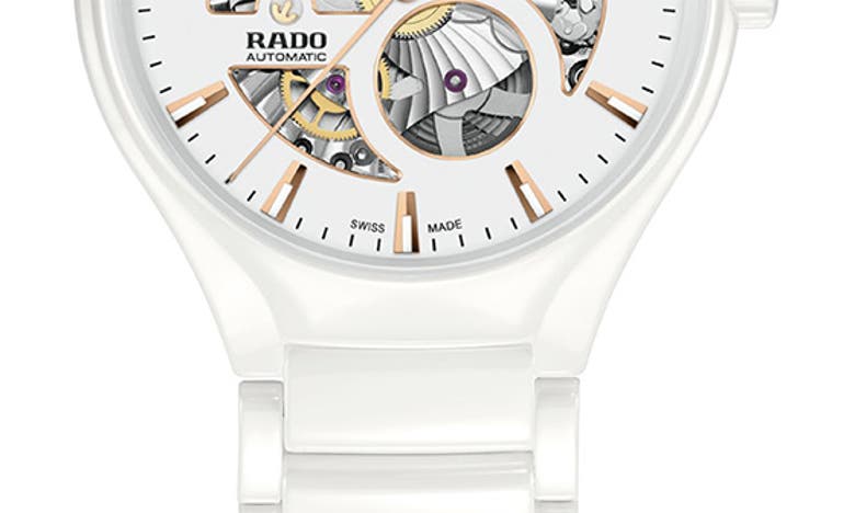 Shop Rado True Round Automatic Open Heart Bracelet Watch, 40mm In White