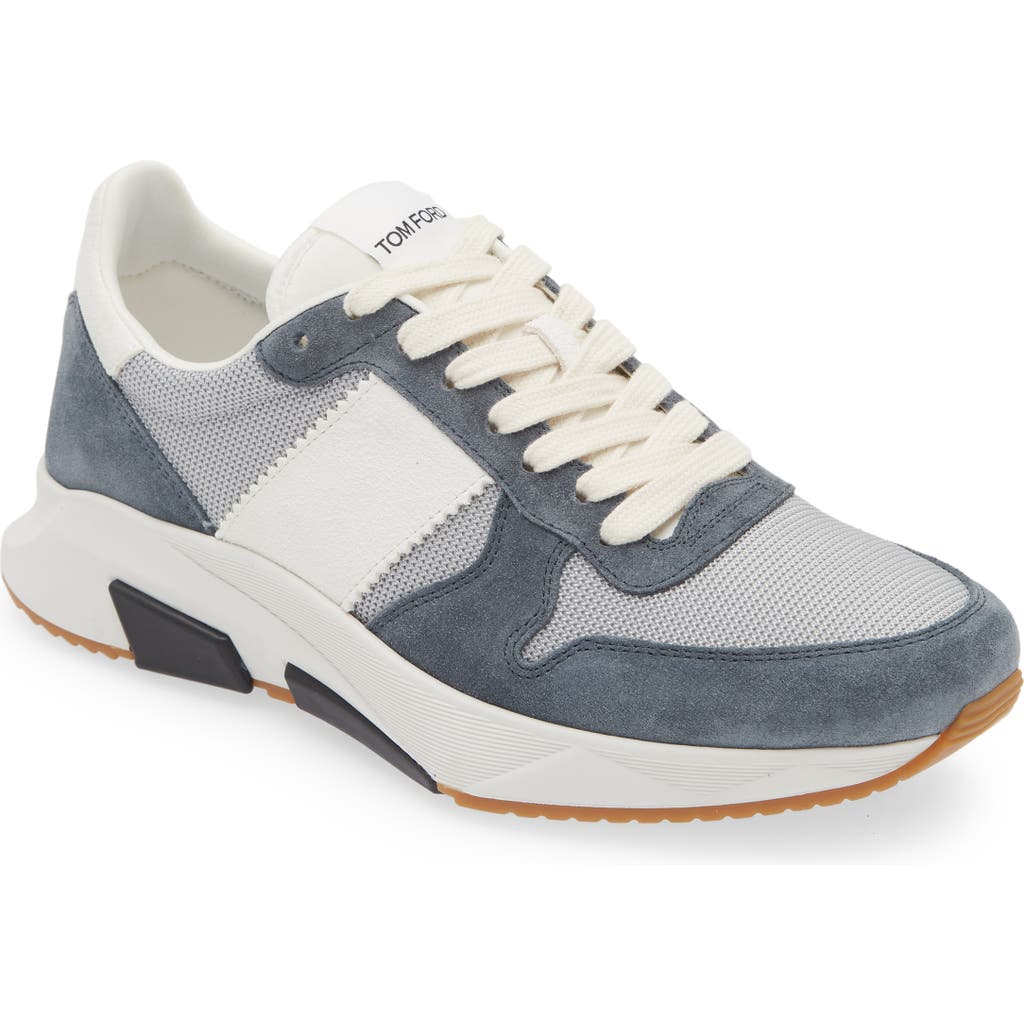 Tom Ford Jagga Mixed Media Low Top Sneaker In Silver/petrol Blue/white