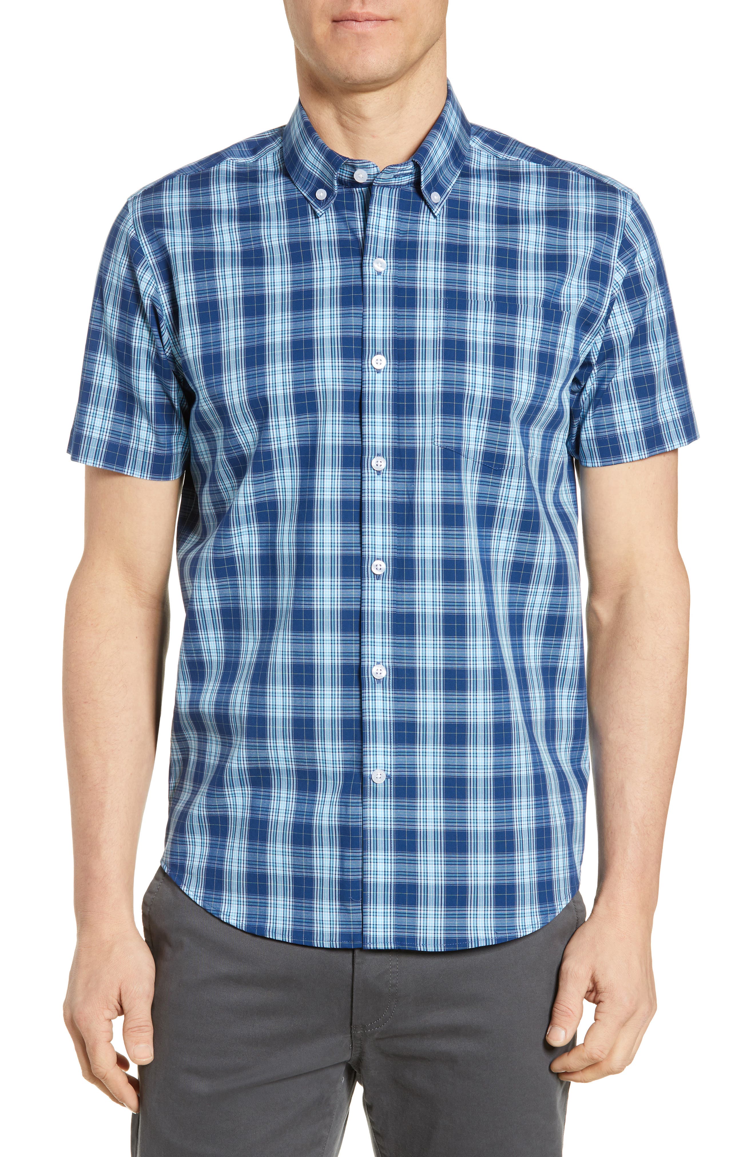 Cutter & Buck Strive Classic Fit Shadow Plaid Sport Shirt, Blue