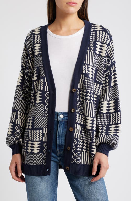 Shop Cleobella Feliz Patchwork Jacquard Cardigan In Blue/grey