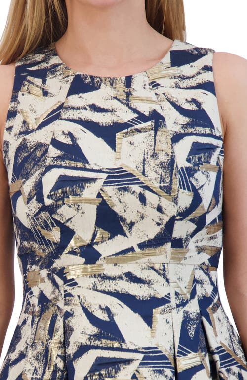 Vince Camuto Metallic Abstract Print Jacquard Fit & Flare Dress In Navy