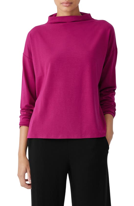Eileen Fisher Funnel Neck Long Sleeve Boxy Top In Magenta