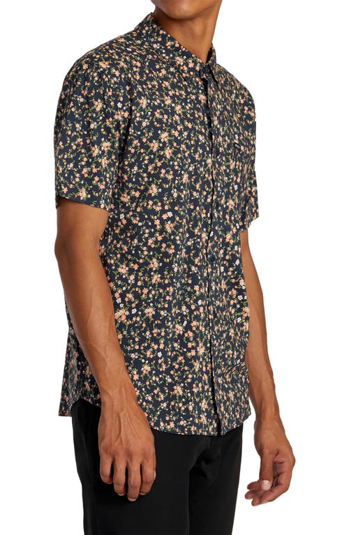 Shop Rvca Botanical Print Short Sleeve Button-up Shirt In Navy Marine