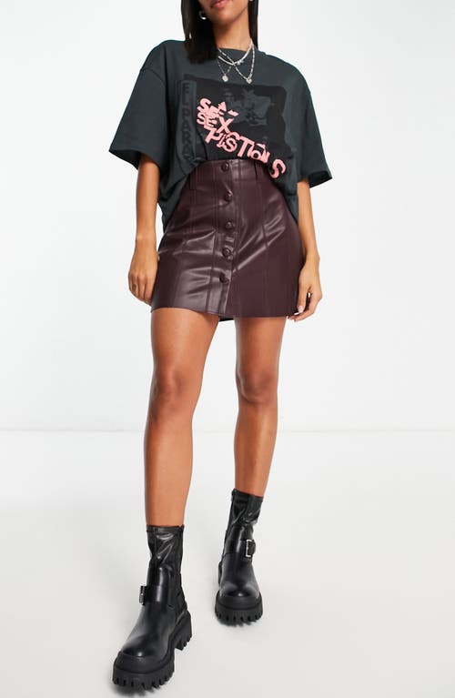 Topshop Button-Up Faux Leather Miniskirt in Burgundy