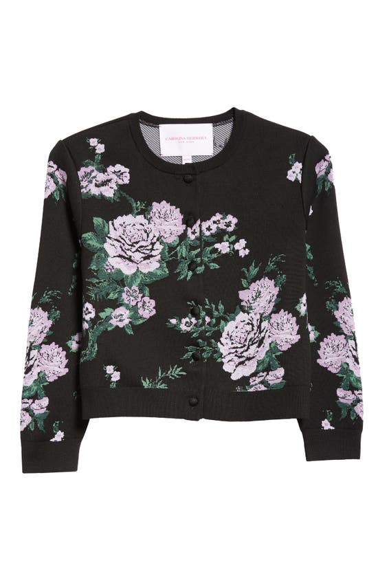 Shop Carolina Herrera Rose Silk Blend Jacquard Crop Cardigan In Black Multi