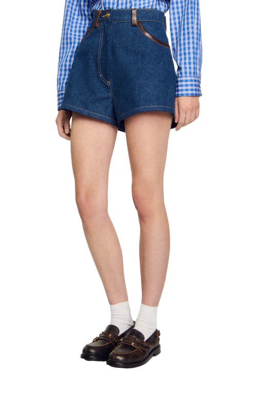 Shop Sandro Denim Shorts With Leather Details In Blue