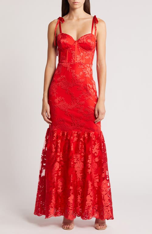 Shop Lulus Dramatic Desires Floral Embroidery Bustier Gown In Red/red