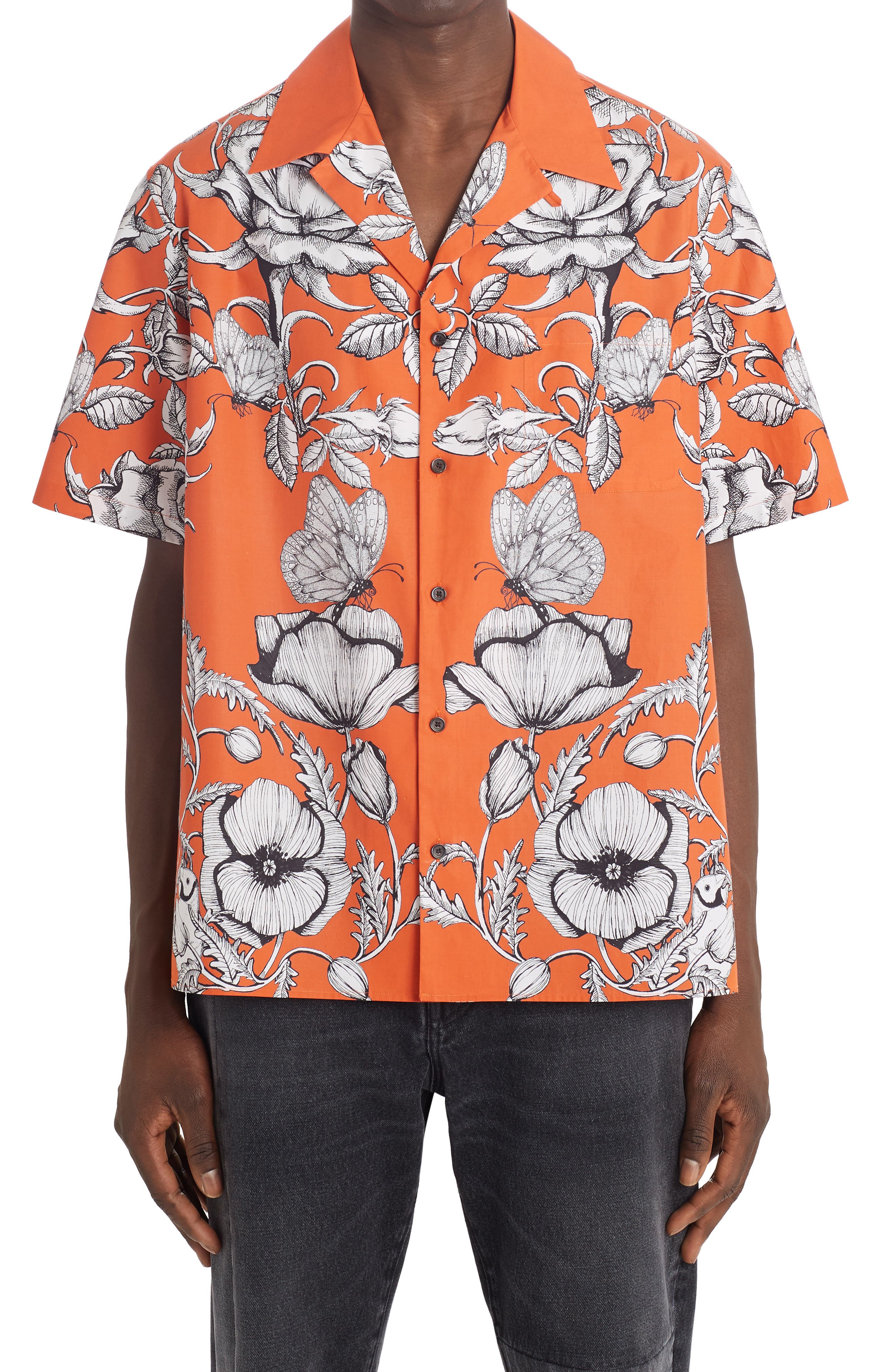 Valentino Dark Blooming Floral Short Sleeve Button-Up Shirt in Orange at Nordstrom, Size 38 Us