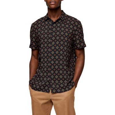 Topman Tile Print Short Sleeve Button-Up Shirt, Black