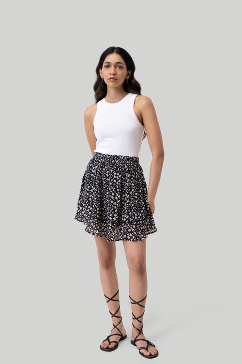 Reistor Women's Black Drawstring Short Printed Crepe Skirt In Monochrome Medley