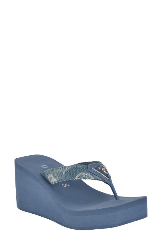 Shop Guess Demmey Platform Wedge Flip Flop In Dark Blue