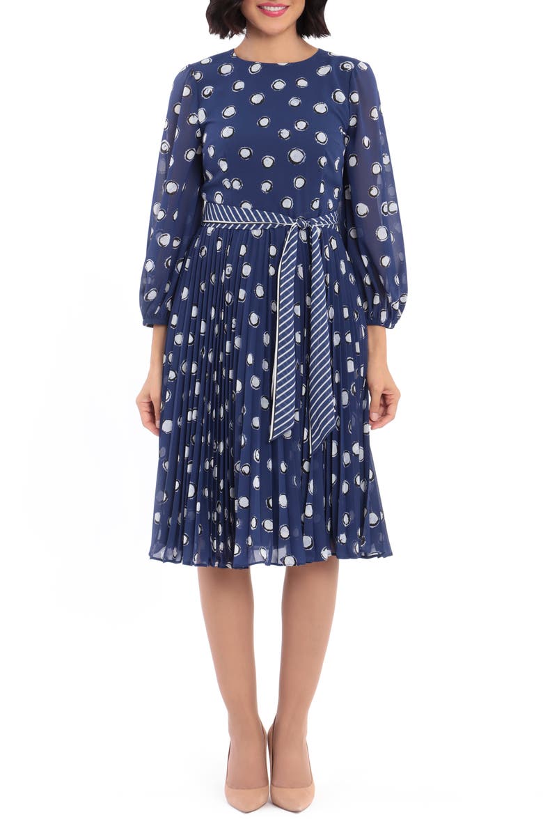 Maggy London Dot Print Long Sleeve Pleated Midi Dress, Main, color, 