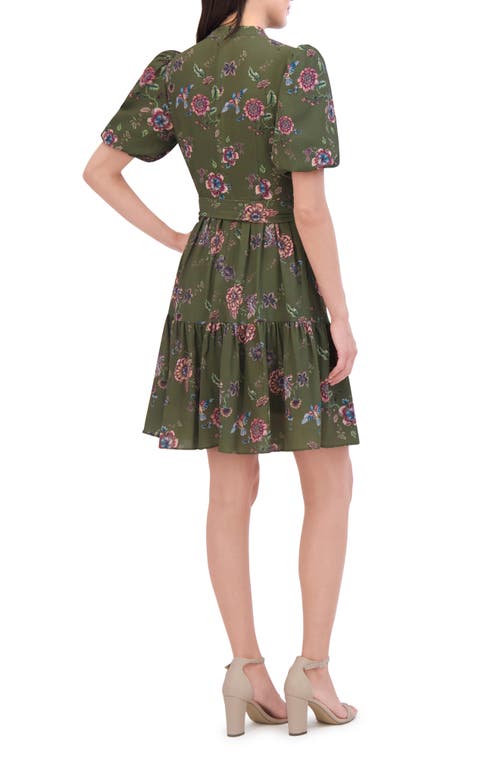 Shop Eliza J Floral Print Puff Sleeve Dress In Olive