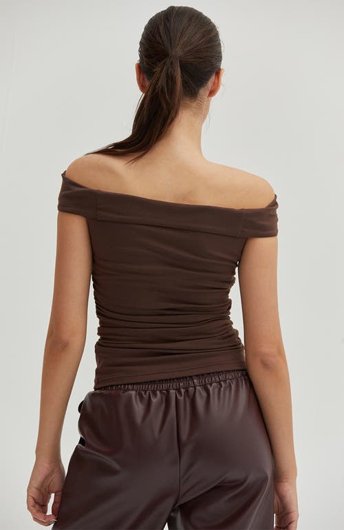 Crescent Ruched Off Shoulder Knit Top In Espresso