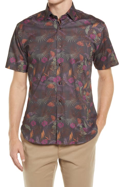 Winey Roads Floral Short Sleeve Stretch Button-Up Shirt