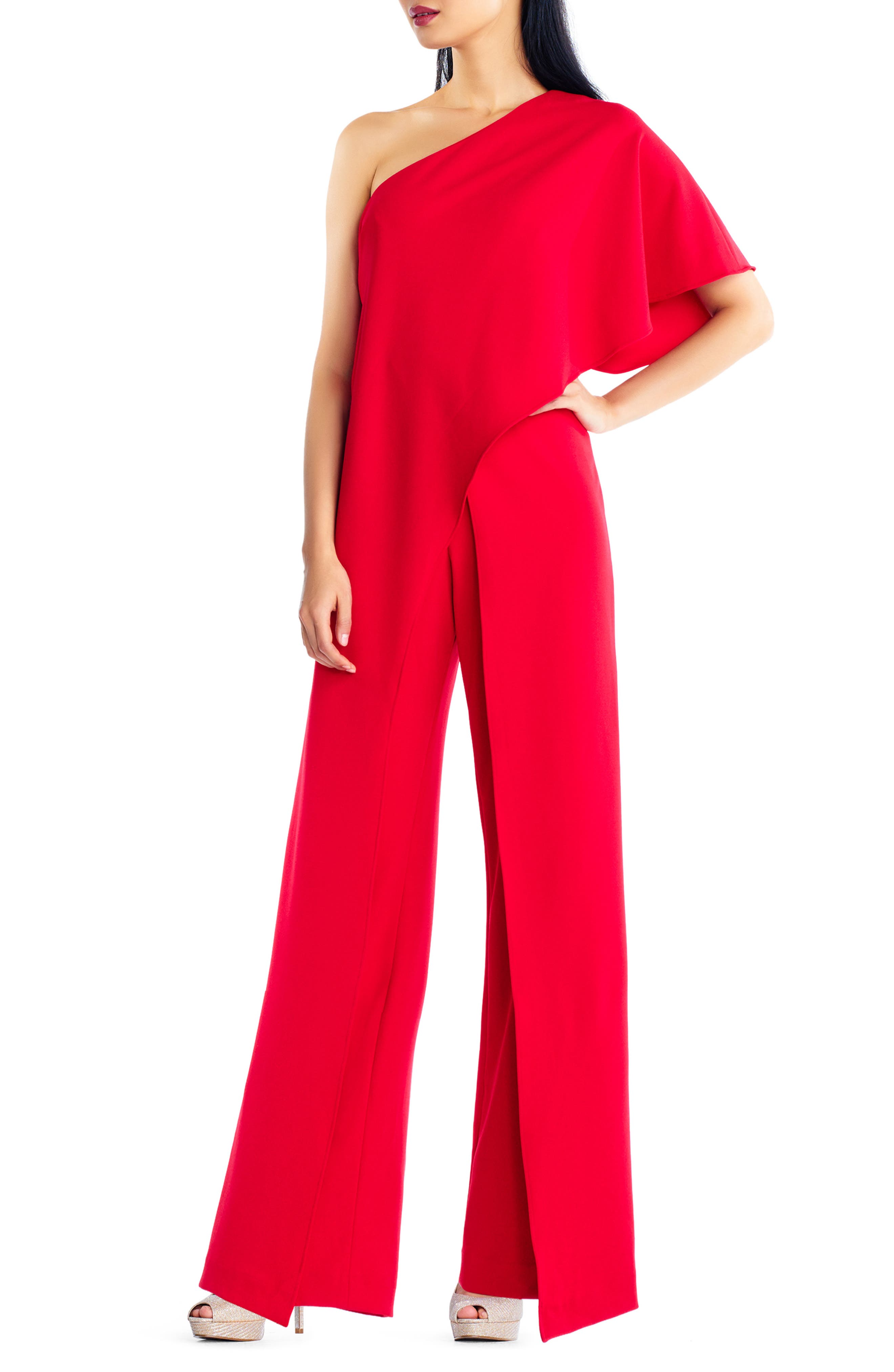 Adrianna Papell One Shoulder Jumpsuit in Red Smart Closet