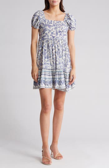 Angie Floral Print Square Neck Puff Sleeve Dress In Blue