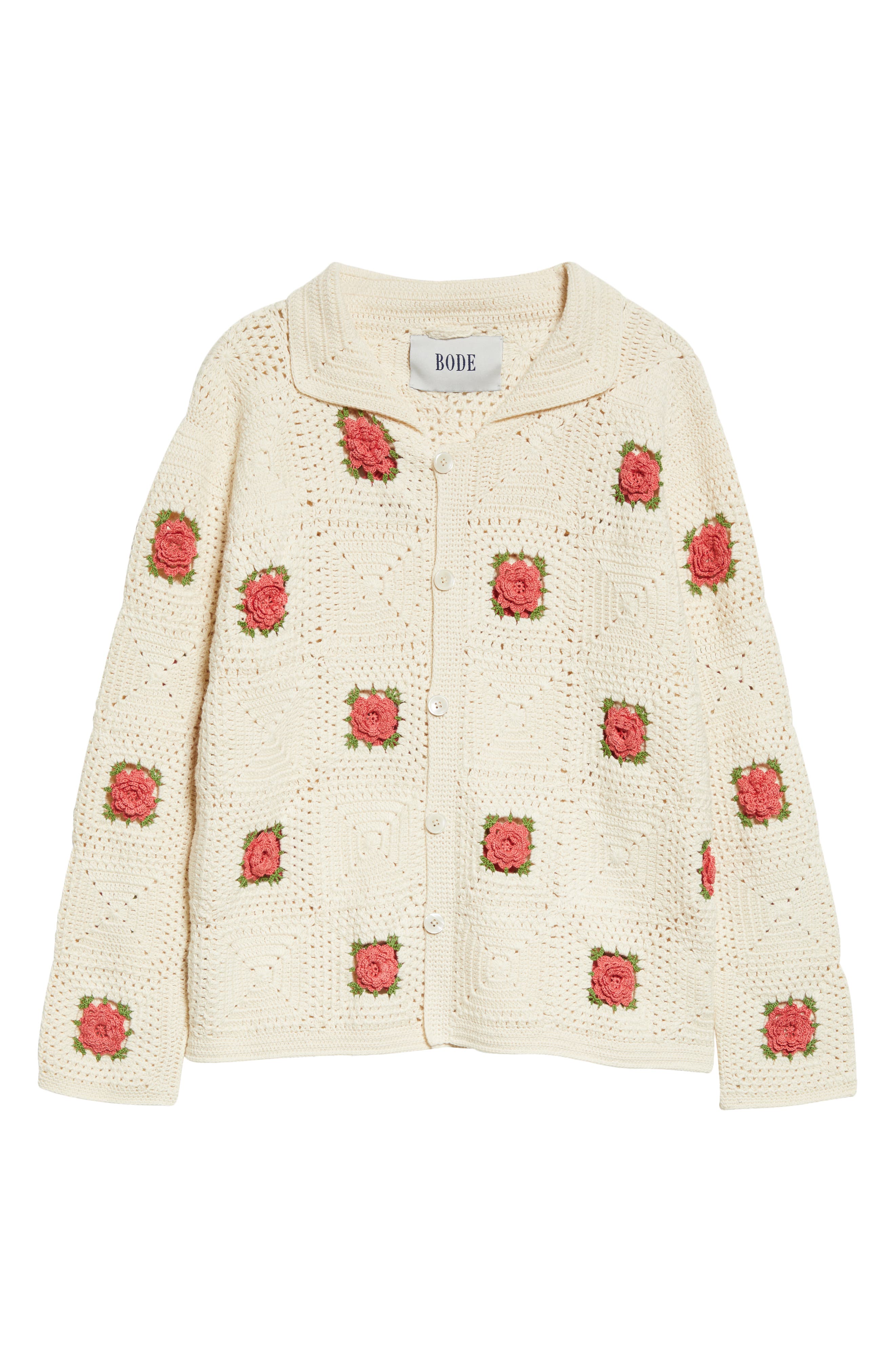 Bode Rosette Crochet Cotton Button-Up Shirt in Pink White | Smart 