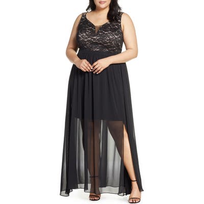 Plus Size Morgan & Co. Strappy Lace Bodice Chiffon Gown, Black