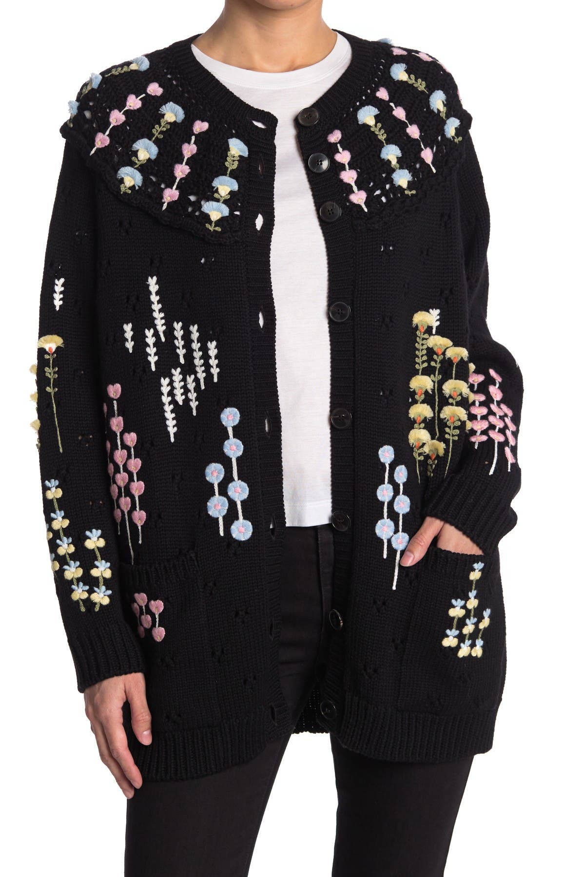 Valentino Floral Embroidered Wool Cardigan In Nero