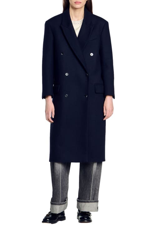 Sandro Long Wool-blend Coat In Navy Blue