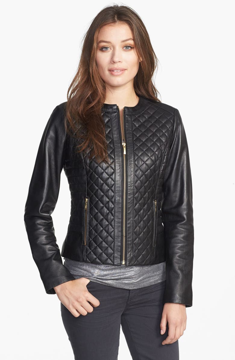 Collarless Quilted Leather Jacket