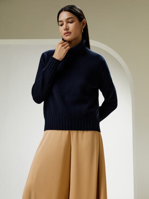 Shop Lilysilk Turtleneck Sweater With Rib Hemline In Navy