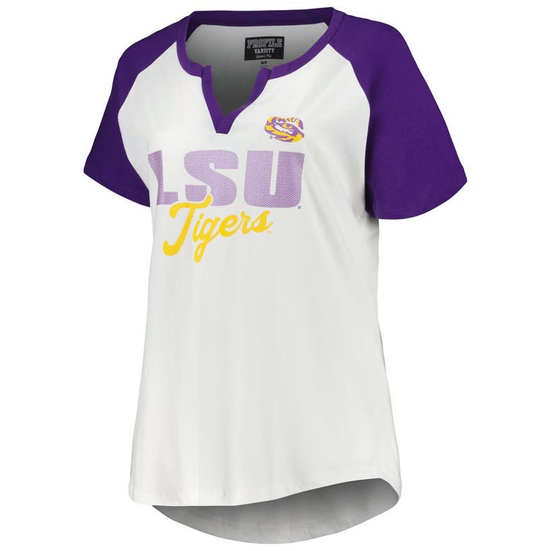 Shop Profile White/purple Lsu Tigers Plus Size Best Squad Shimmer Raglan Notch Neck T-shirt