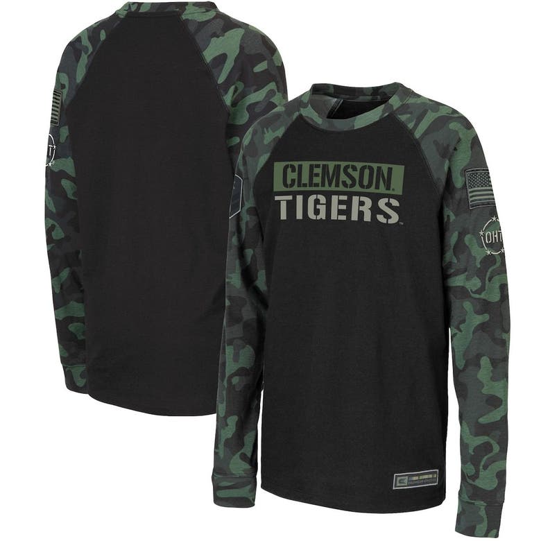 Colosseum Kids' Youth  Black/camo Clemson Tigers Oht Military Appreciation Raglan Long Sleeve T-shirt