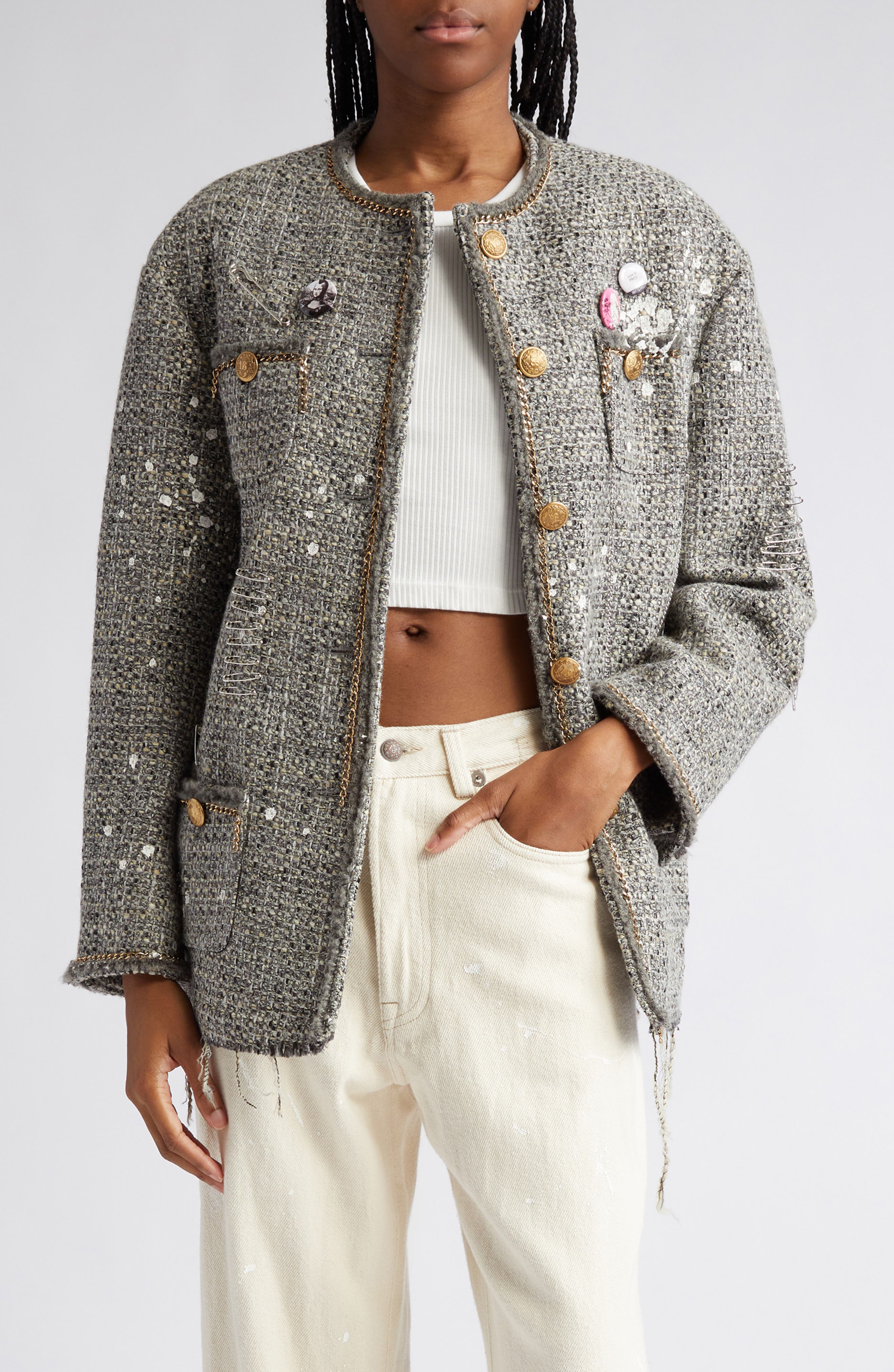 R13 Paint Splatter Oversize Tweed Jacket in Grey Smart Closet