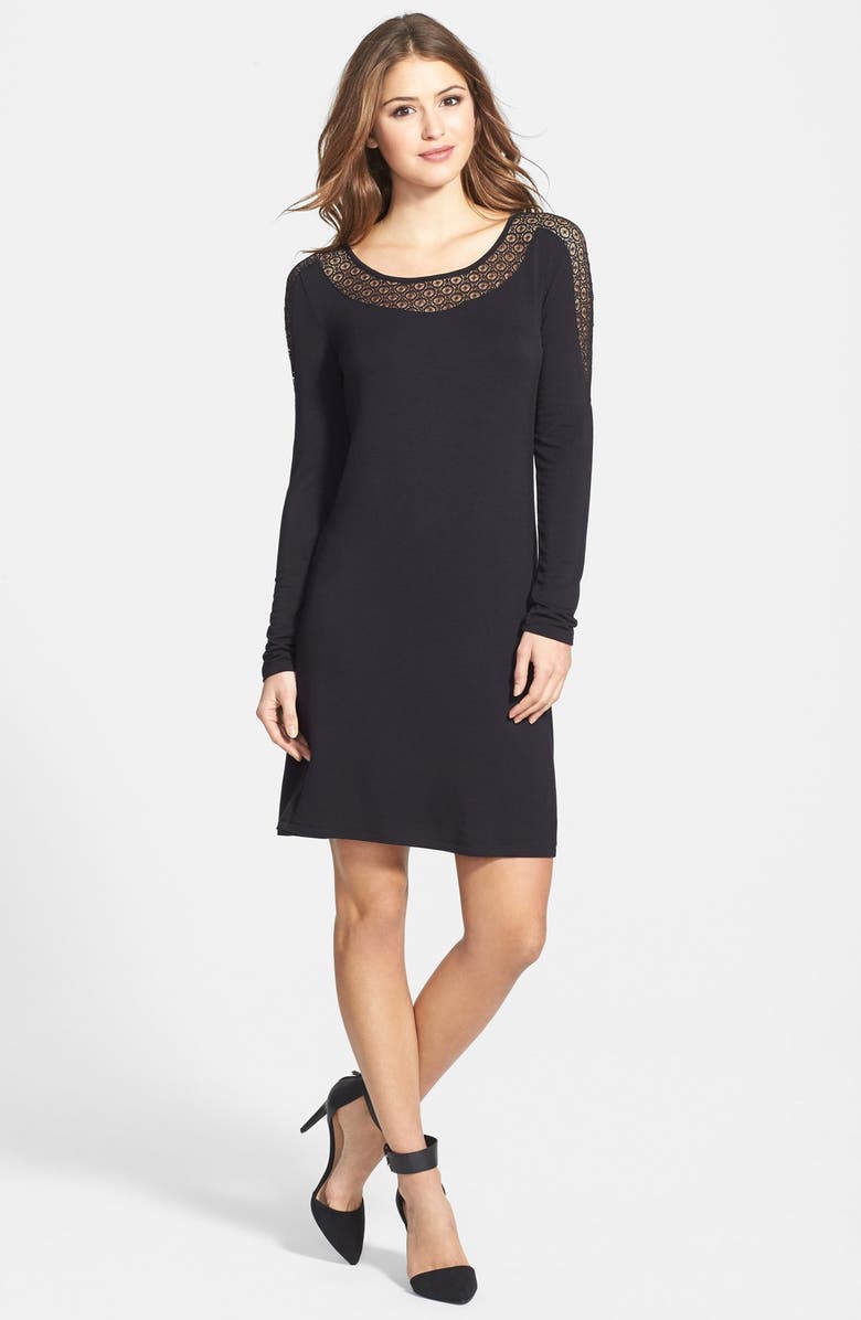 kensie Lace Inset Drapey French Terry Dress | Nordstrom