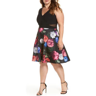 Plus Size Xscape Floral Fit & Flare Cocktail Dress, Black