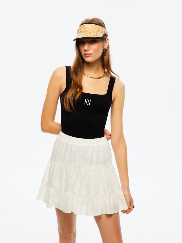 Shop Nocturne Tiered Mini Linen Skirt In Ivory