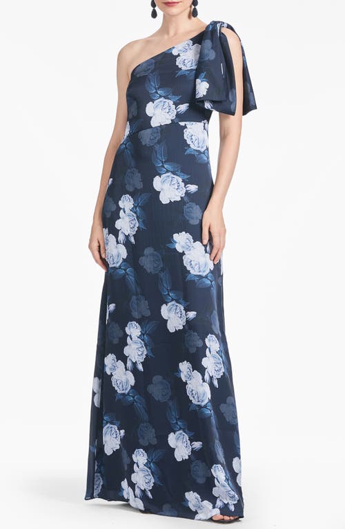 Shop Sachin & Babi Chelsea Floral One-shoulder Georgette Gown In Midnight Glacial Rose