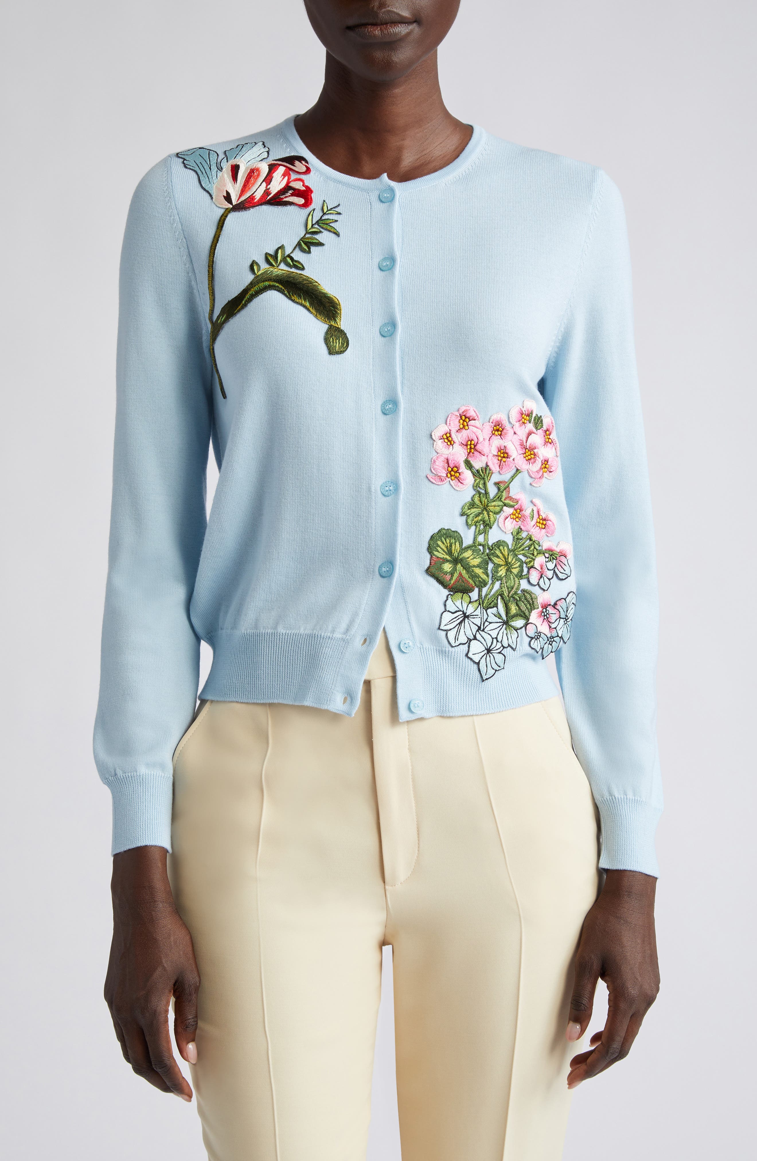 Floral embroidered virgin wool cardigan