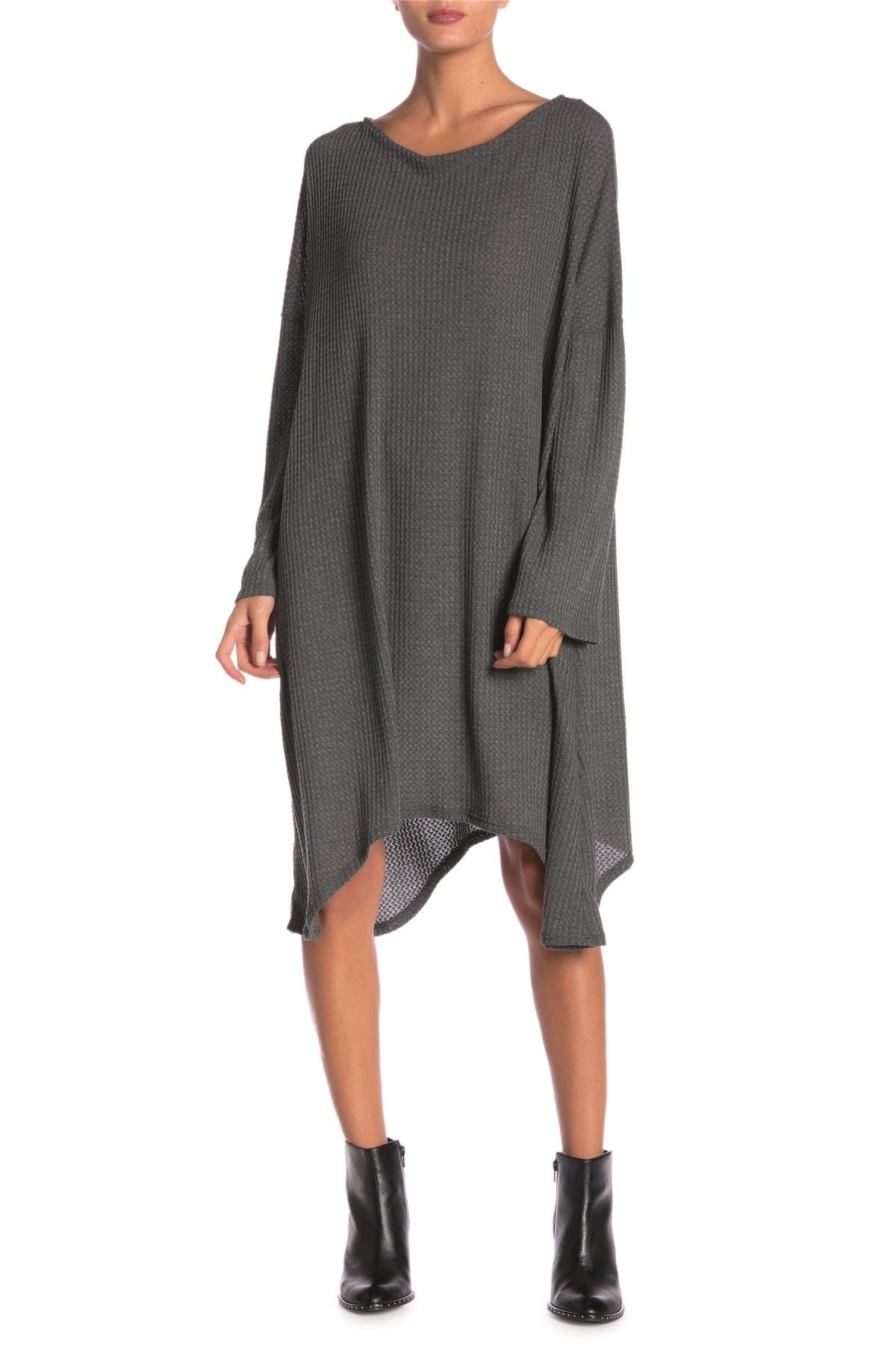 Go Couture Long Sleeve Oversized Sharkbite Dress In Charcoal Square Rib