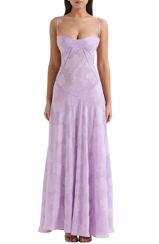 Shop House Of Cb Seren Blush Sheer Lace-up Back Gown In Orchid Bloom