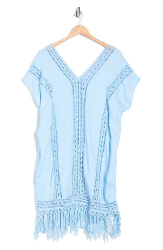 Shop Boho Me Crochet Fringe Short Dress In Blue