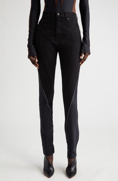 MUGLER High Waist Spiral Detail Mixed Media Skinny Jeans in Black /Grey