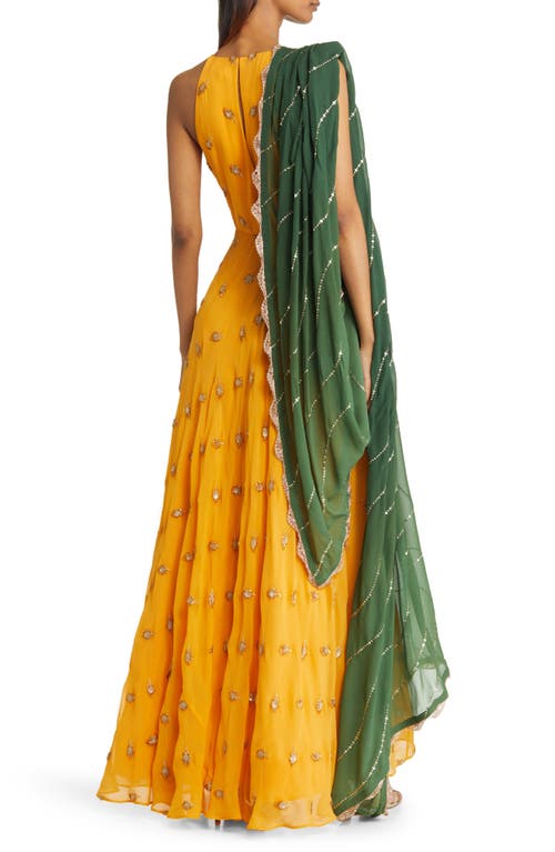 Shop Sani Nila Anarkali With Dupatta In Marigold/green Dupatta