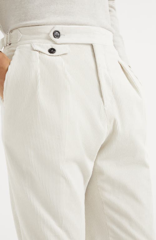 Shop Brunello Cucinelli Comfort Cotton And Cashmere Corduroy Tailor Fit Trousers With Reversed Double Ple In Chalk