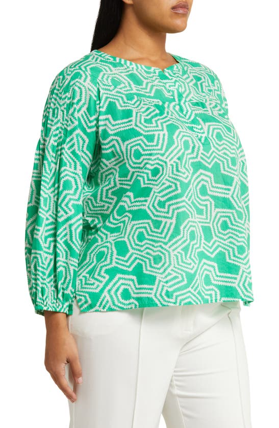 Shop Caslon Print Split Neck Cotton Popover Top In Green Bright- Ivory Ladder Geo